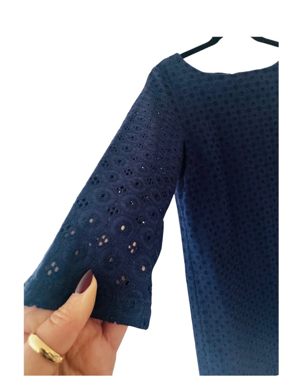 L.L.Bean Navy Eyelet Shift Dress Size 8 Embroidered Cotton Classic - Picture 6 of 8